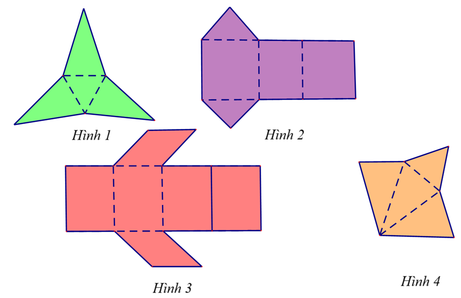 Trong các miếng bìa ở hình 1; hình 2; hình 3; hình 4; miếng bìa nào có thể gấp lại (theo các nét đứt) để được hình chóp tam giác đều? (ảnh 1)
