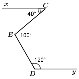 Cho hình vẽ bên, biết \(\widehat C = 40^\circ ,\widehat D = 120^\circ ,\widehat E = 100^\circ \). Chứng tỏ \(Cx\parallel Dy\). (ảnh 1)