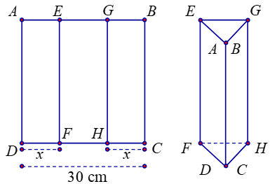 Thể tích khối trụ được tính bằng công thức \(V = 30S\) trong đó \(S\) là diện tích của tam giác \(AEG\). (ảnh 1)