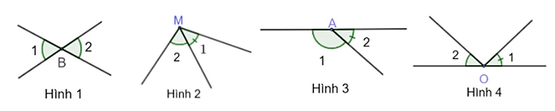 Trong các hình dưới đây, hình nào chứa hai góc đối đỉnh?   A. Hình 1.	B. Hình 2.		C. Hình 3.		D. Hình 4. (ảnh 1)