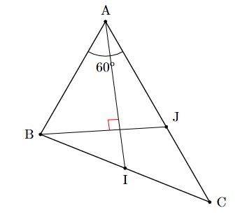 Cho tam giác ABC có AB = 2a, AC = 3a, \(\widehat {BAC} = 60^\circ \). Gọi I là trung điểm của đoạn thẳng BC. Điểm J thuộc đoạn AC thỏa mãn \(12AJ = 7AC\).  a) \(\overrightarrow {AB} .AC = 4{a^2}\). (ảnh 1)