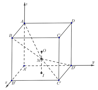 Toạ độ điểm \(M\left( {\frac{1}{2}\,;\,\frac{1}{2}\,;\,\frac{1}{4}} \right)\). (ảnh 1)