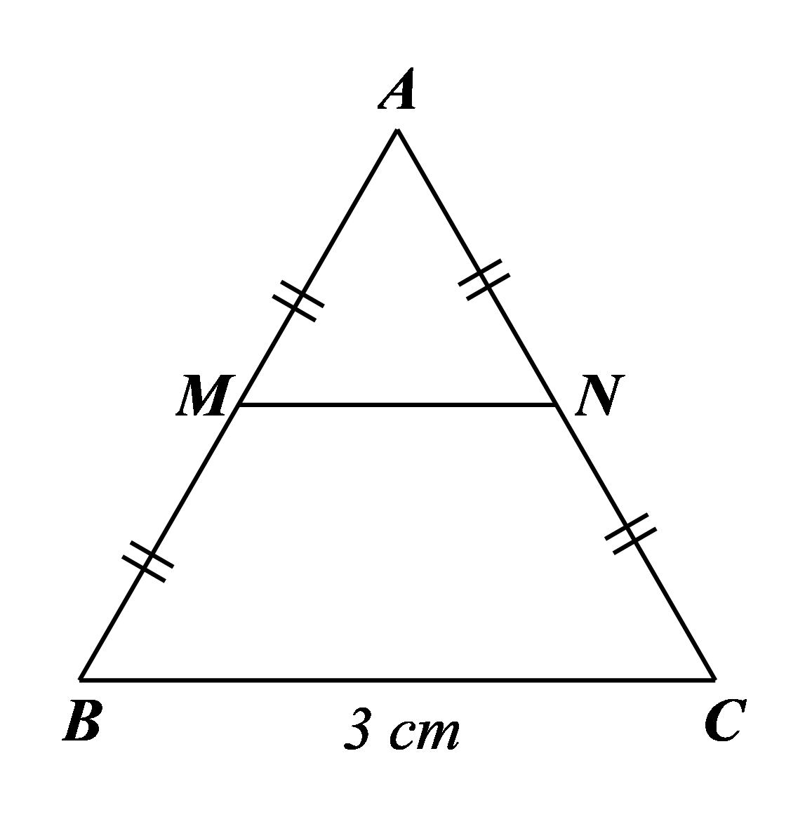 Cho \(\Delta ABC\) đều cạnh \(3{\rm{\;cm}}.\) Gọi \(M,\,\,N\) lần lượt là trung điểm của \(AB\) và \(AC.\) Chu vi của tứ giác \(MNCB\) là 	A. \(8{\rm{\;cm}}.\)	B. \(7,5{\rm{\;cm}}.\)	C. \(6{\rm{\;cm}}.\)	D. \(7{\rm{\;cm}}.\) (ảnh 1)