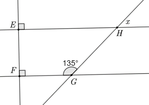 Tìm số đo góc \(x\) trong hình vẽ bên là 	A. \[135^\circ \].	B. \[45^\circ \]. C. \[90^\circ \].	D. Kết quả khác. (ảnh 1)