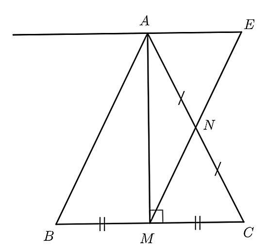 Cho tam giác \(ABC\) cân tại \(A\) có đường cao \(AM\), \(N\) là trung điểm của \(AC\). Kẻ \(Ax\parallel BC\) cắt \(MN\) tại \(E\) (ảnh 1)