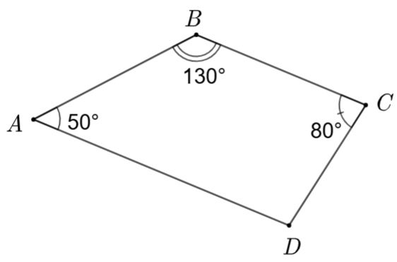 Cho tứ giác \[ABCD\] có \(\widehat A = 50^\circ \,;\,\,\widehat B = 130^\circ \,;\,\,\widehat C = 80^\circ \). Tính số đo của \(\widehat D\) (đơn vị: độ). (ảnh 1)