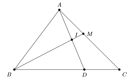 Cho tam giác ABC, gọi D là điểm trên cạnh BC sao cho \(\overrightarrow {BD}  = \frac{2}{3}\overrightarrow {BC} \) và I là tr (ảnh 1)