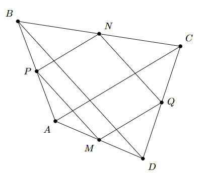 Cho tứ giác ABCD có AC = 5, BD = 4. Gọi M, N lần lượt là trung điểm của AD và BC, P và Q lần lượt là trung điểm của AB và CD. Giá trị của \(\overrightarrow {MN} .\overrightarrow {PQ} \) bằng bao nhiêu? (ảnh 1)