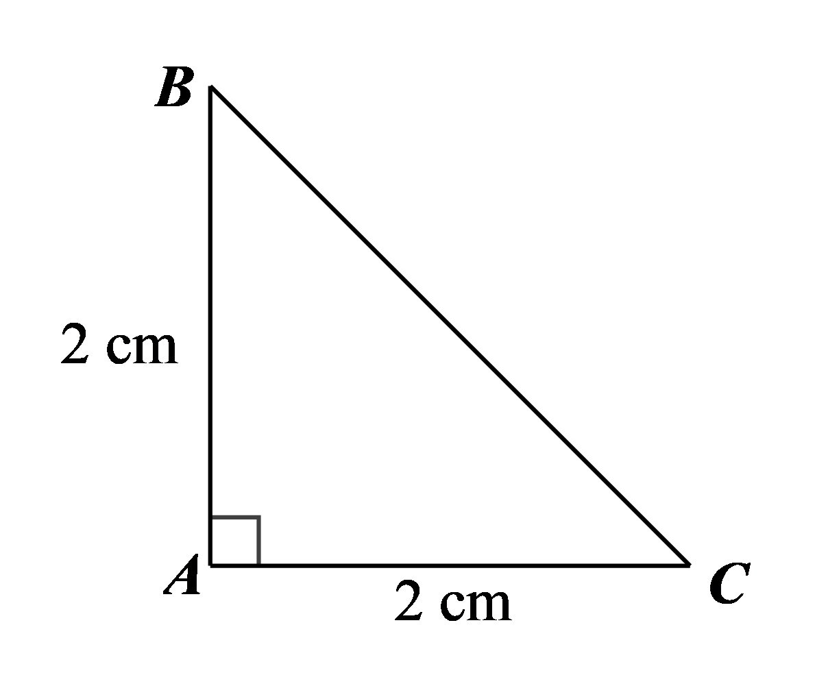 Cho tam giác \(ABC\) vuông cân tại \(A\) có \(AB = 2{\rm{\;cm}}\). Độ dài cạnh \(BC\) là 	A. 4 cm.	B. \(\sqrt 6 \) cm.	C. 8 cm.	D. \(2\sqrt 2 \) cm. (ảnh 1)