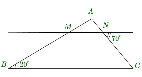 Cho hình vẽ. Biết \(MN\,\parallel \,BC\). Số đo góc \(A\) là   A. \(60^\circ \).		B. \(90^\circ \).		C. \(65^\circ \).		D. \(50^\circ \). (ảnh 1)