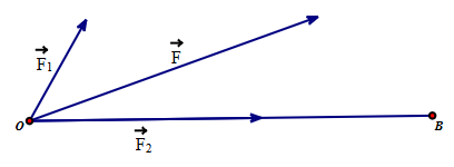 Tính công A của hợp lực \(\overrightarrow F \) của \(\overrightarrow {{F_1}} ,\overrightarrow {{F_2}} \) khi di chuyển vật từ O đến B? (ảnh 1)