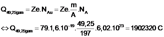Cho 49,25 gam hạt nhân \[_{79}^{197}Au\]. Cho biết số Avogadro \[{N_A} = 6,{02.10^{23}}mo{l^{ - 1}}\] điện tích nguyên tố là \[e = 1,{6.10^{ - 19}}C\] và lấy khối lượng của một mol chất đơn nguyên tử tính ra gam bằng số khối của hạt nhân chất đó. (ảnh 5)