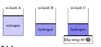 Ba xi-lanh hình trụ giống hệt nhau chứa khí lí tưởng được bịt kín bằng các pit-tông giống hệt nhau có khối lượng. Pit-tông có thể chuyển động không ma sát dọc theo thành xi-lanh. Xi-lanh A chứa khí nitrogen (có khối lượng mol là  (ảnh 1)