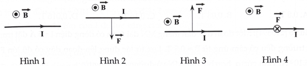 Hướng của lực từ do từ trường đều \(\overrightarrow {\rm{B}} \) tác dụng lên đoạn dây MN mang dòng điện I chạy qua có hướng như hình nào dưới đây? (ảnh 1)