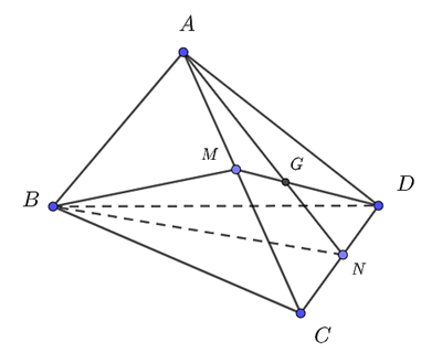 Cho tứ diện \(ABCD.\) Gọi \(M,{\rm{ }}N\) lần lượt là trung điểm của \(AC,{\rm{ }}CD.\) Giao tuyến của hai mặt phẳng \(\left( {MBD} \right)\) và \(\left( {ABN} \right)\) là: (ảnh 1)