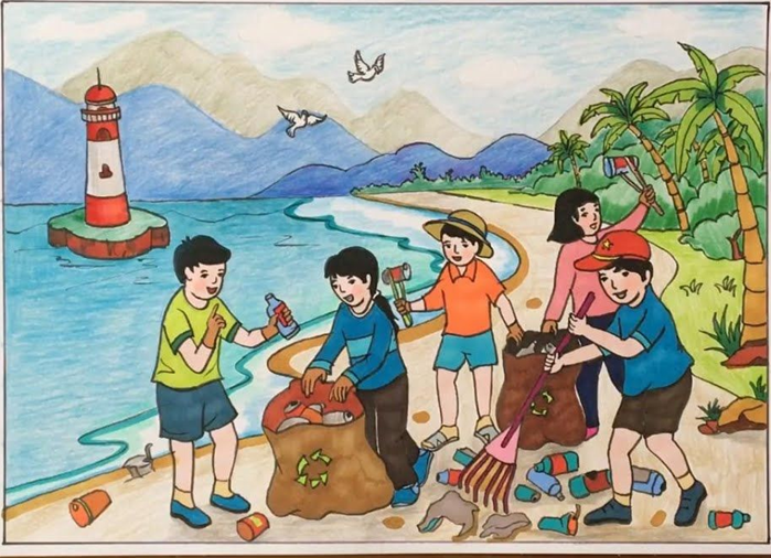 Hoạt động cộng đồng nào được đề cập đến trong bức tranh sau?   	A. Bảo tồn di sản văn hóa.                                      B. Uống nước nhớ nguồn. 	C. Bảo vệ môi trường.                                            D. Hiến máu nhân đạo. (ảnh 1)