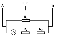 Cho mạch điện có sơ đồ như hình vẽ: r = 2,0 Omega ; R_1 = 15 Omega ; R_2 = 6 Omega ; R_3 = 4 Omega . Bỏ qua điện trở của ampe kế và dây nối (ảnh 1)