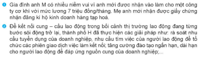 1/ Công việc của anh M và mẹ anh có ý nghĩa thế nào đối với gia đình? Anh/chị hiểu thế nào là việc làm?  2/ Các chủ thể tham gia các hội chợ, các phiên giao dịch việc làm nhằm mục đích gì?  3/ Các phiên giao dịch việc làm có tác dụng như thế nào? (ảnh 1)
