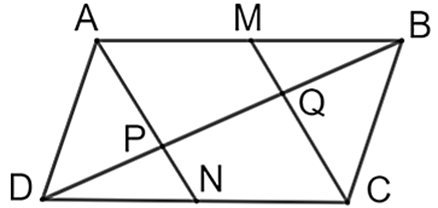          a) Tứ giác \(AMCN\) là hình bình hành.           b) \(\frac{{BM}}{{MA}} = \frac{{BQ}}{{QP}}.\)           c) \(P\) là trung điểm của \(DQ.\)           d) \(DP = \frac{1}{4}BD.\) (ảnh 1)