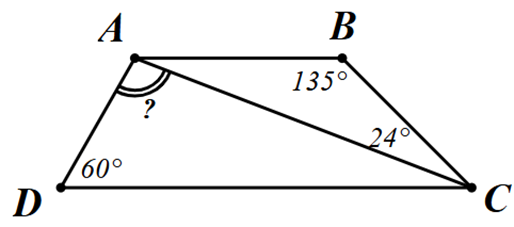 Cho tứ giác \(ABCD\) có \(AB\parallel CD,\) \[\widehat {ABC} = 135^\circ ,{\rm{ }}\widehat {ACB} = 24^\circ ,{\rm{ }}\widehat {ADC} = 60^\circ \]. Hỏi số đo của \(\widehat {DAC}\) bằng bao nhiêu độ? (ảnh 1)