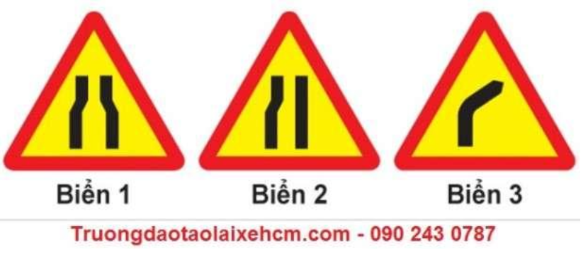 Biển nào báo hiệu “Đường bị thu hẹp”?  A. Biển 1 và 2. B. Biển 1 và 3.   (ảnh 1)