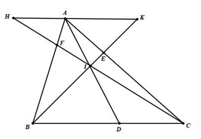 a) \(\frac{{AK}}{{BD}} = \frac{{AH}}{{DC}}\).  b) \(\frac{{AF}}{{BF}} + \frac{{AE}}{{CE}} = \frac{{HK}}{{BC}}.\) (ảnh 1)