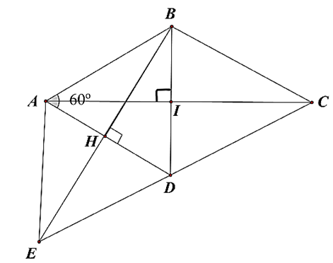 Cho hình thoi \(ABCD\) có \(\widehat A = 60^\circ \), kẻ \(BH \bot AD{\rm{ }}\left( {H \in AD} \right)\), rồi kéo dài một đoạn \(HE = HB.\) Nối \(E\) với \(A\), \(E\) với \(D\).           a) \(H\) là trung điểm của \(AD\). (ảnh 1)
