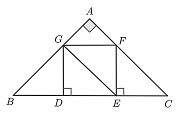 Trên cạnh \(BC\) lấy hai điểm \(D,\;E\) sao cho \(BD = DE = EC.\) Lấy các điểm \(F,\;G\) lần lượt thuộc cạnh \(AC,\;AB\) sao cho \(FE,\;GD\) cùng vuông góc với \(BC.\) Hỏi \(\widehat {DGE}\) có số đo bằng bao nhiêu độ? (ảnh 1)