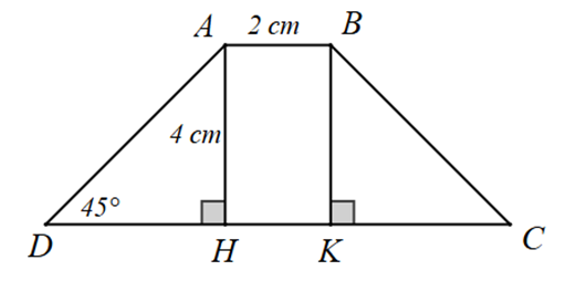 Tính diện tích của hình thang cân \(ABCD\). (Đơn vị: \({\rm{c}}{{\rm{m}}^{\rm{2}}}\)). (ảnh 1)