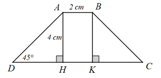 Cho hình thang cân ABCD (AB // CD), kẻ đường cao AH,BK của hình thang, biết AB = 2 cm (ảnh 1)