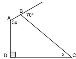 Cho tứ giác ABCD có AD vuông góc DC tại D, góc A = 3góc C. Số đo góc ngoài tại đỉnh B của tứ giác ABCD bằng 70 độ (ảnh 1)