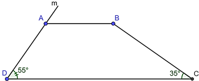 Cho tứ giác \(ABCD\) như hình vẽ: Biết rằng Khi đó: \(\widehat B - \widehat A = 20^\circ .\) a) \(\widehat A + \widehat B = 180^\circ .\)b) \(\widehat A = 125^\circ .\) c) \(\widehat B = 135^\circ .\) (ảnh 2)