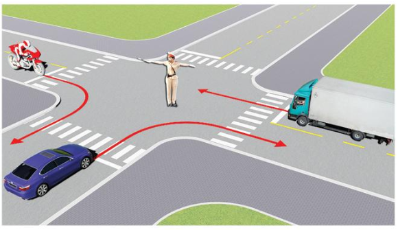 Theo hướng mũi tên, xe nào được phép đi?  A. Mô tô, xe con. B. Xe con, xe tải. C. Mô tô, xe tải (ảnh 1)