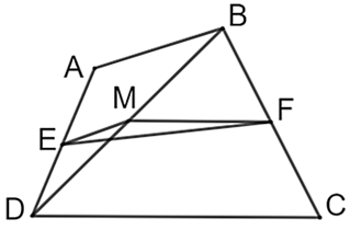 a) \(EM\) là đường trung bình của \(\Delta ABD.\)  b) \(MF = \frac{1}{3}DC.\)  c) \(ME + MF \ge EF.\)  d) \(EF \ge \frac{{AB + CD}}{2}.\) (ảnh 1)