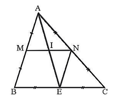 Cho tam giác \(ABC\) có \(BC = 12\;{\rm{cm}}{\rm{.}}\) Gọi \(M,\;N,\;E\) lần lượt là trung điểm của \(AB,\;AC,\;BC.\) Gọi \(I\) là giao điểm của \(AE\) và \(MN.\) Tính độ dài \(IN.\) (Đơn vị: \({\rm{cm}}\)). (ảnh 1)