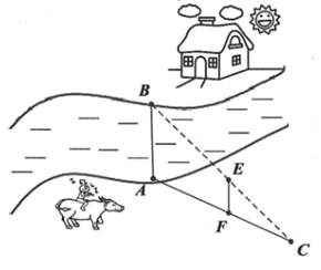 Cho hĩnh vẽ dưới đây, biết \(AB\parallel EF;{\rm{ }}AF = 44,5{\rm{ cm; }}FC = 44,2{\rm{ cm; }}EF = 18,6{\rm{ cm}}{\rm{.}}\)  Tính chiều rộng khúc sông \(AB\). (làm tròn đến chữ số thập phân thứ nhất) (ảnh 1)