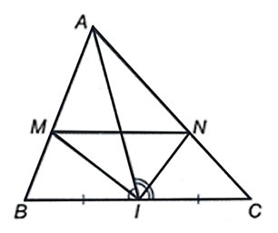 Cho \(\Delta ABC\) có \(\widehat B = 50^\circ \) và \(I\) là trung điểm của \(BC.\) Tia phân giác của góc \(AIB\) và tia phân giác góc \(AIC\) cắt các cạnh \(AB,\;AC\) lần lượt tại \(M,\;N.\) Số đo \(\widehat {AMN}\) bằng bao nhiêu độ? (ảnh 1)