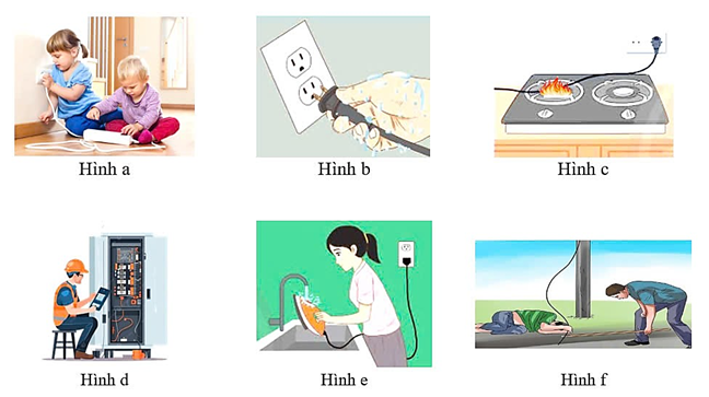 Hình bên dưới thể hiện một số tình huống nên và không nên làm để đảm bảo an toàn khi sử dụng điện. Những tình huống không nên làm để đảm bảo an toàn khi sử dụng điện được thể hiện ở (ảnh 1)