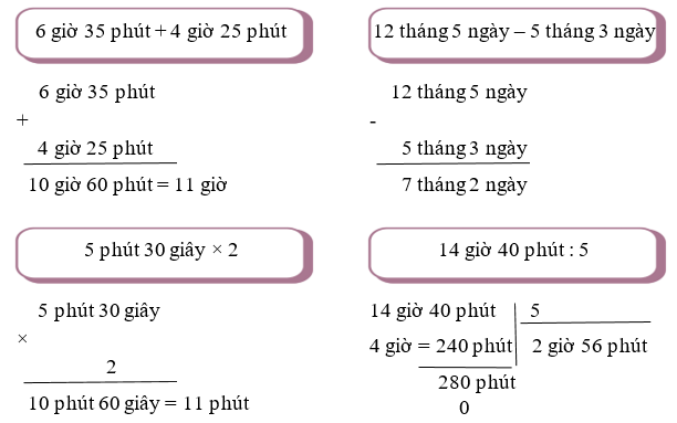 Đặt tính rồi tính: 6 giờ 35 phút + 4 giờ 25 phút; 12 tháng 5 ngày – 5 tháng 3 ngày (ảnh 2)