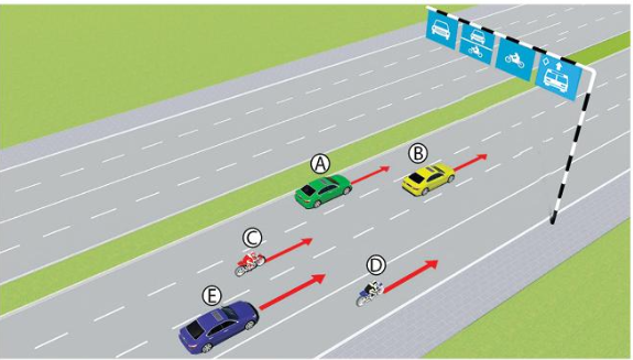 Trong hình dưới, những xe nào vi phạm quy tắc giao thông?  A. Xe con (B), mô tô (C) (ảnh 1)