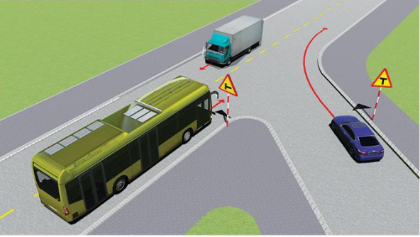 Xe nào phải nhường đường là đúng quy tắc giao thông?  A. Xe tải. B. Xe khách. (ảnh 1)