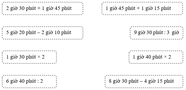 Nối các số đo thời gian có kết quả bằng nhau: 2 giờ 30 phút + 1 giờ 45 phút (ảnh 1)