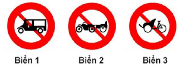 Gặp biển nào xe xích lô được phép đi vào?  A. Biển 1. B. Biển 2. C. Biển 3. (ảnh 1)