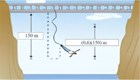 Một người nhảy bungee (một trò chơi mạo hiểm mà người chơi nhảy từ một nơi có địa thế cao xuống với dây đai an toàn buộc xung quanh người) từ một cây cầu và căng một sợi dây dài \(150{\rm{\;m (ảnh 1)