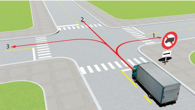 Những hướng nào xe tải được phép đi?  A. Cả ba hướng. B. Hướ  (ảnh 1)
