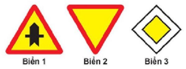 Biển nào báo hiệu “Giao nhau với đường ưu tiên”?  A. Biển 1 và 3. B. Biển 2. C. Biển   (ảnh 1)
