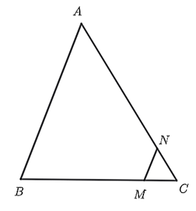 Cho \(\Delta ABC\) có \(BC = 15\;{\rm{cm}}{\rm{.}}\) Trên cạnh \(BC\) lấy điểm \(M\) sao cho \(BM = 12\;{\rm{cm}}{\rm{.}}\) Trên cạnh \(AC\) lấy điểm \(N\) sao cho \(\frac{{AN}}{{NC}} = 4.\) Khi đó:  (ảnh 1)