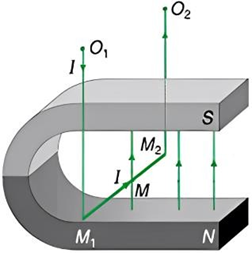 Giữa hai cực của một nam châm hình móng ngựa có một điện trường đều. Vector cảm ứng từ thẳng đứng và có độ lớn $0,55\ \mathrm{T}$. (ảnh 1)