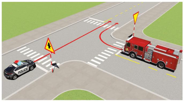 Xe nào được quyền đi trước trong trường hợp này?  A. Xe công an. B. Xe chữa cháy (ảnh 1)