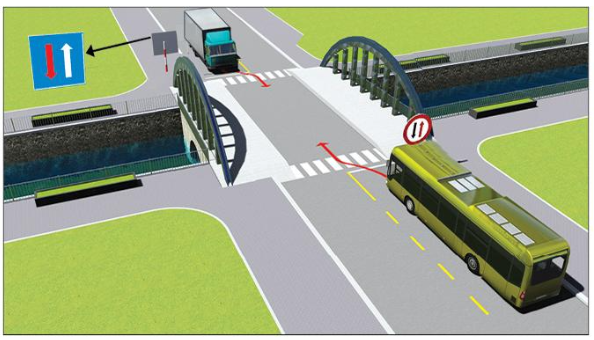 Xe nào phải nhường đường trong trường hợp này?  A. Xe khách. B. X (ảnh 1)